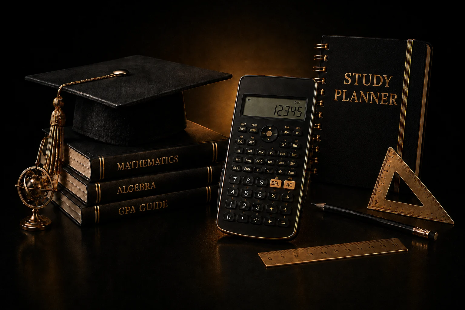 Premium black and gold academic desk with GPA screen, books, calculator, notebook, pencil and graduation cap for Education and Student Calculators