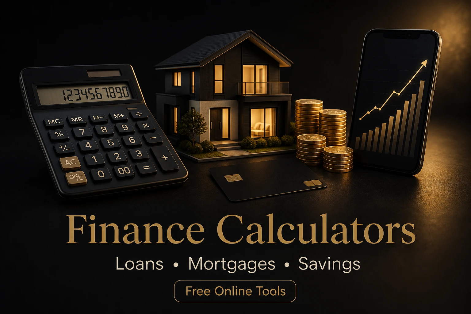 Finance planning tools including a calculator, home model, coins, bank card and financial growth chart